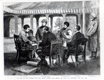 Muhammad Yaqub Khan (1849-1923) signant le traité de paix à Gundamak le 26 mai 1879 - English School