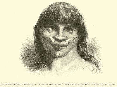 Indien Mura (Amérique du Sud), avec ornements dentaires à travers les lèvres et tatouages sur les joues - English School