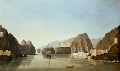 Muscat depuis le port avec une frégate britannique au mouillage, de Seize vues de lieux dans le golfe Persique, par le lieutenant R. Temple, publié en 1813 - English School