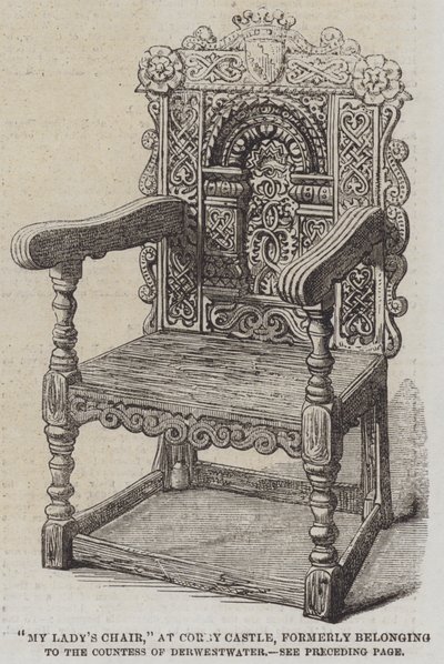 "La chaise de ma dame," au château de Corby, appartenant autrefois à la comtesse de Derwestwater (gravure) - English School