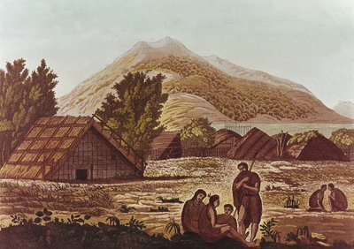 Autochtones, avec huttes et montagnes derrière, gravé par F. Fumagalli - English School