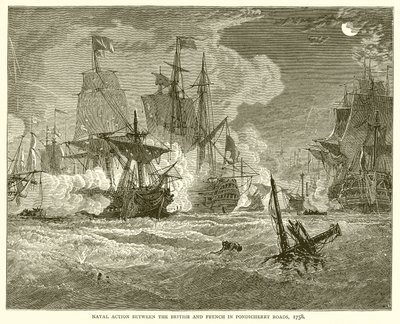 Action navale entre les Britanniques et les Français dans les routes de Pondichéry, 1758 - English School