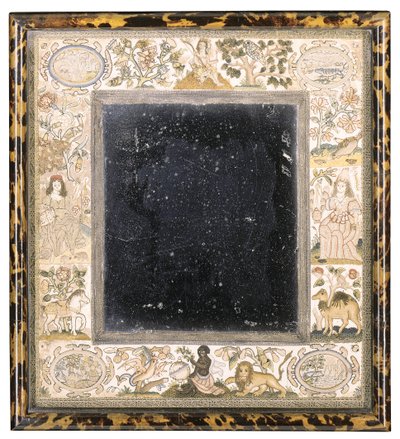 Miroir brodé avec des personnifications des continents - English School