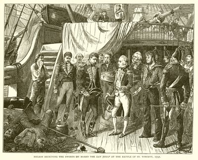 Nelson recevant les épées à bord du San Josef à la bataille de Saint-Vincent, 1797 - English School