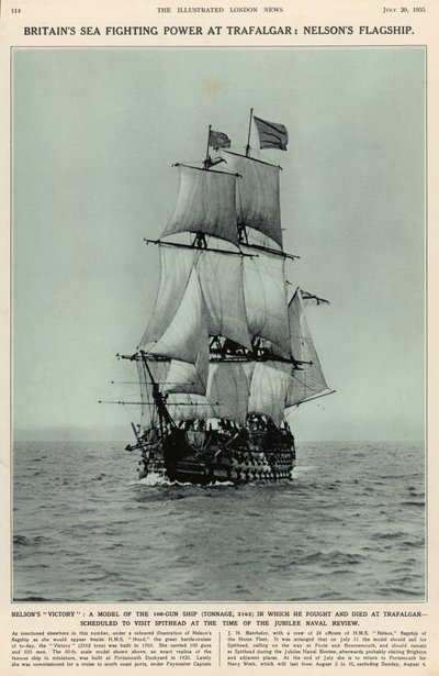 La victoire de Nelson : un modèle du navire de 100 canons dans lequel il a combattu et est mort à Trafalgar, de The Illustrated London News Royal Naval and Military Review, 20 juillet 1935 - English School