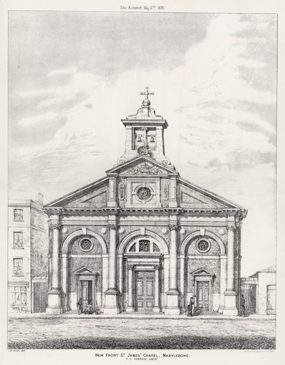 Nouvelle façade, chapelle St James, Marylebone (gravure) - English School