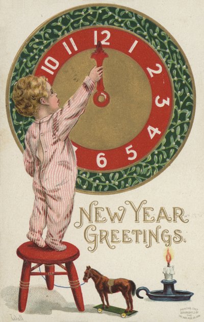 Carte de vœux du Nouvel An avec un petit garçon changeant une horloge (lithographie en couleur) - English School
