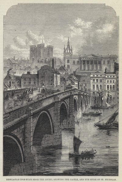 Newcastle-upon-Tyne depuis le Sud, montrant le Château et la Flèche de Saint-Nicolas (gravure) - English School
