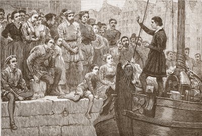 Nicolas prêchant à la foule depuis un bateau sur l