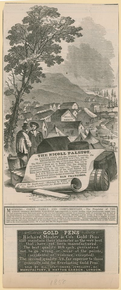 Publicité pour Nicoll Paletot, Richard Mosley & Co, et London General Mourning Warehouse - English School