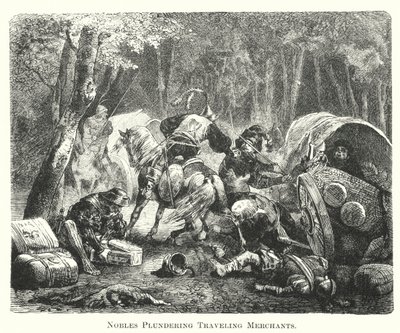 Nobles pillant les marchands ambulants (gravure) - English School