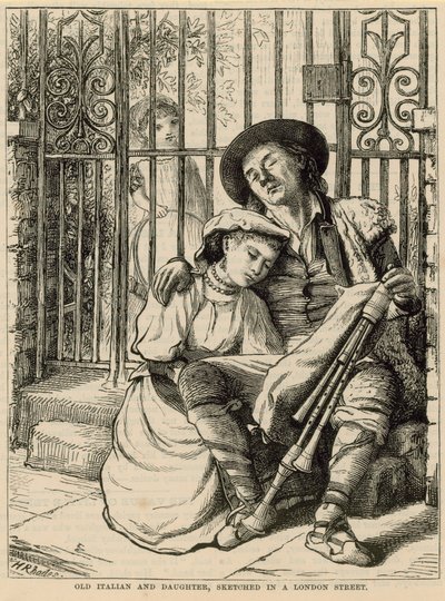 Vieux Italien et sa fille, croqués dans une rue de Londres - English School