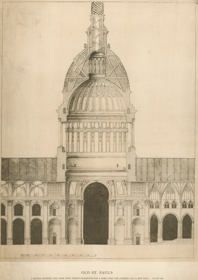 Ancienne cathédrale Saint-Paul; une section montrant le chœur avec la suggestion de dôme de Sir Christopher Wren - English School