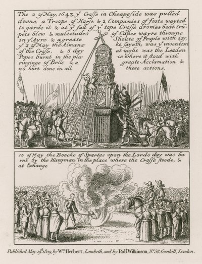 Le 2 mai 1643, la croix de Cheapside, Londres, a été abattue - English School