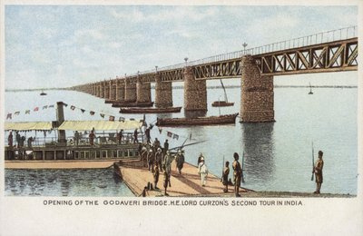 Ouverture du pont Godaveri, deuxième tournée de Lord Curzon en Inde (lithographie en couleur) - English School