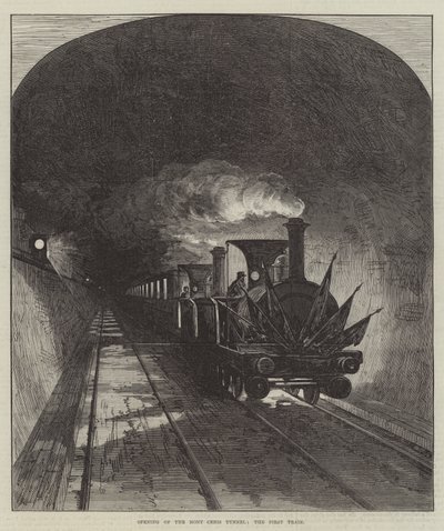 Ouverture du tunnel du Mont-Cenis, le premier train (gravure) - English School