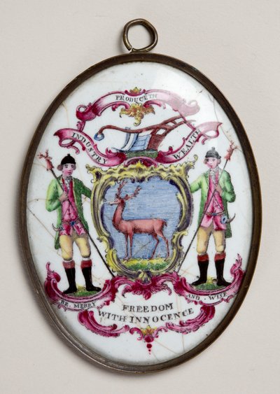 Médaillon ovale pour la Society of Bucks, montrant deux forestiers soutenant un bouclier peint avec un cerf - English School