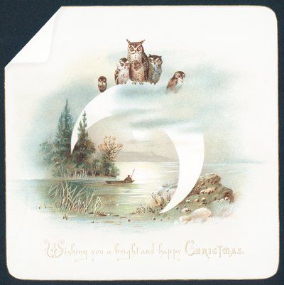Chouettes assises sur un croissant de lune, Carte de Noël - English School