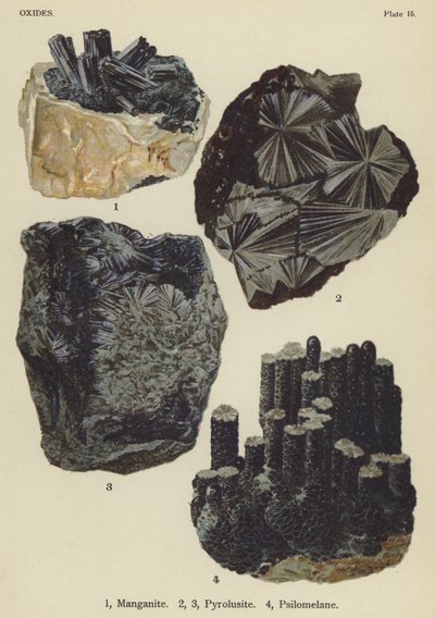 Oxydes, manganite, pyrolusite, psilomélane (lithographie en couleur) - English School