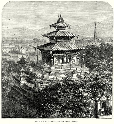 Palais et temple, Khatmandou, Népal (gravure) - English School