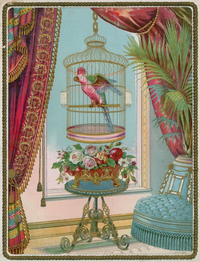 Perroquet en cage dans un intérieur victorien opulent - English School