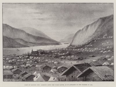 Une partie de Dawson City, vue sur le fleuve Yukon, telle qu