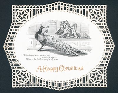 Paon et chouette dans une boutique, Carte de Noël - English School