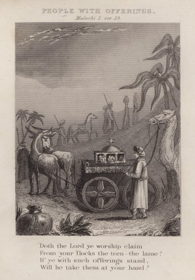 Personnes avec des offrandes, Malachie I, verset 13 (gravure) - English School