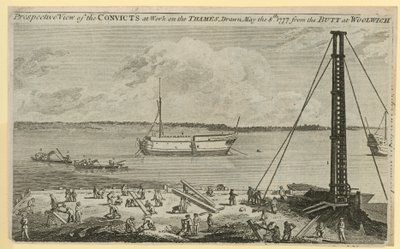 Vue en perspective des condamnés travaillant sur la Tamise - English School