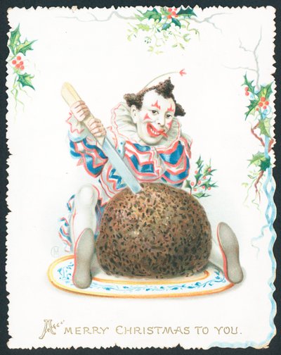 Pierrot coupant le pudding aux prunes, Carte de Noël - English School