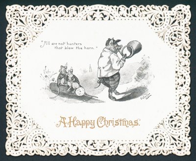 Cochon soufflant dans une corne, Carte de Noël - English School