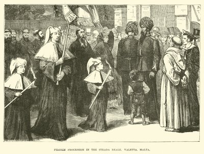 Procession de pèlerins dans la Strada Reale, La Valette, Malte - English School