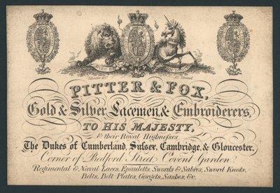 Pitter et Fox, brodeurs en or et argent, Bedford Street, Covent Garden, carte de visite - English School