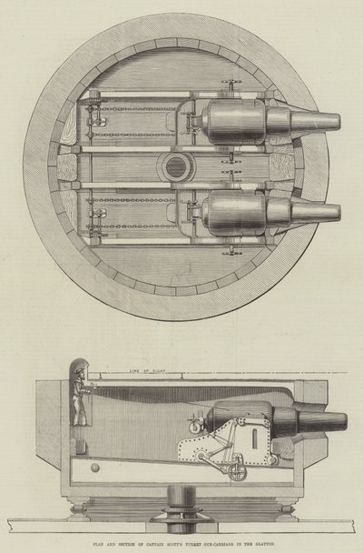 Plan et section du chariot à tourelle du capitaine Scott dans le Glatton (gravure) - English School