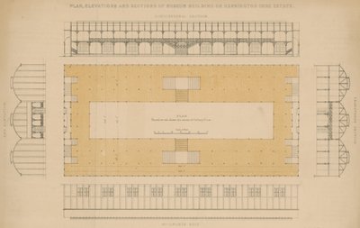 Plan, élévations et sections du bâtiment du musée sur le domaine de Kensington Gore - English School
