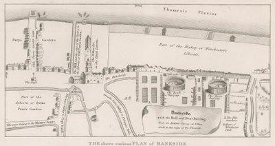 Plan de Bankside sur la Tamise basé sur une ancienne enquête réalisée sous le règne de la reine Elizabeth, montrant les combats de taureaux et d