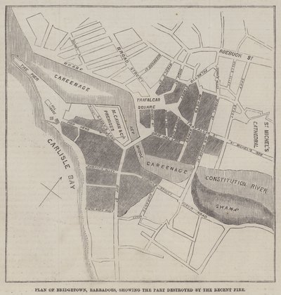 Plan de Bridgetown, Barbade, montrant la partie détruite par le récent incendie (gravure) - English School