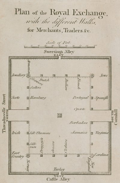 Plan du Royal Exchange avec les différentes allées pour les marchands, commerçants, etc. - English School