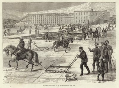 Labourer et stocker de la glace sur la rivière Hudson - English School