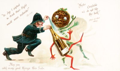Agent de police poursuivant un pudding de Noël et une bouteille de vin, carte de Noël - English School