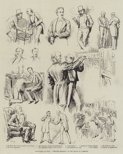 Politiciens en jeu, "Lecture de pensée" à la Chambre des communes (gravure) - English School