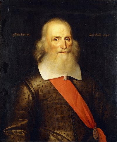 Portrait de Sir Oliver Cromwell, âgé de 84 ans, mi-longueur, en doublet brodé avec un col blanc et une écharpe rouge - English School