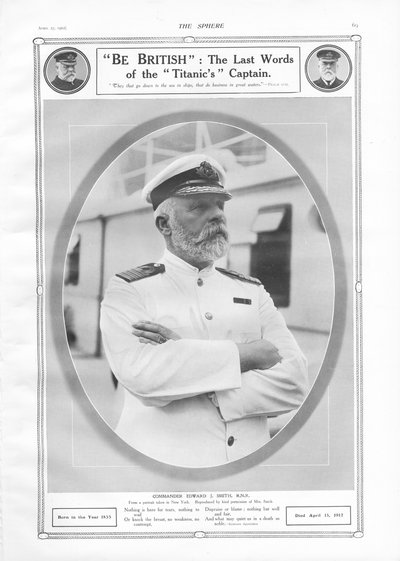 Portrait et hommage au commandant Edward J. Smith, capitaine du paquebot RMS Titanic, de The Sphere, 27 avril 1912 - English School