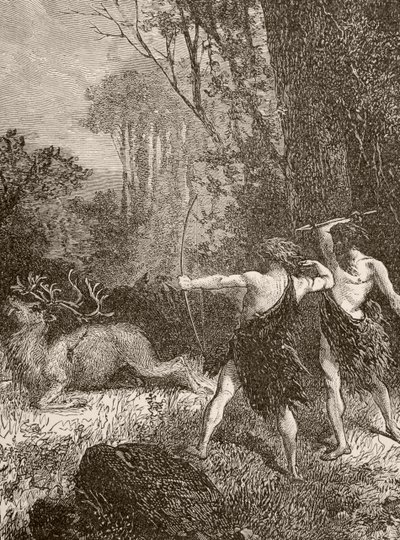 Homme préhistorique chassant avec arc et flèche et lance - English School