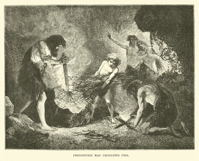 Homme préhistorique produisant du feu - English School