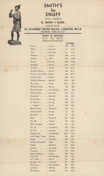 Liste de prix pour G Smith & Sons, boutique de tabac à priser - English School