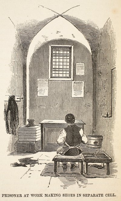 Prisonnier travaillant à la fabrication de chaussures dans une cellule séparée, illustration de The Criminal Prisons of London and Scenes from Prison Life par Henry Mayhew et John Binny, pub. 1862 - English School