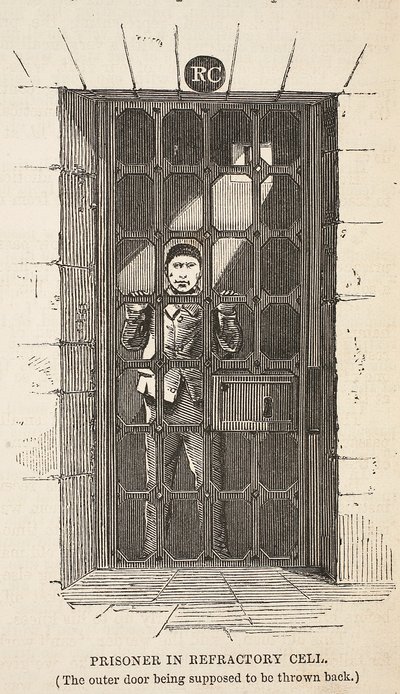 Prisonnier dans une cellule réfractaire (la porte extérieure étant supposée être ouverte), illustration de The Criminal Prisons of London and Scenes from Prison Life par Henry Mayhew et John Binny, pub. 1862 - English School