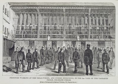Prisonniers travaillant à la roue à aubes et autres exerçant dans la 3e cour de la prison des vagabonds, Coldbath Fields, extrait de The Criminal Prisons of London and Scenes of Prison Life par Henry Mayhew - English School