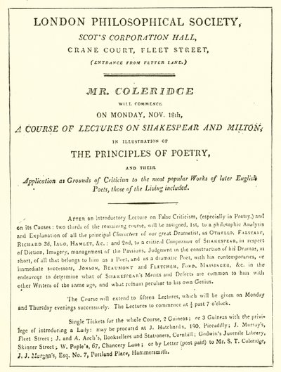 Programme des conférences de Coleridge de 1808 - English School